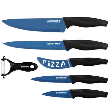 Preview: Edles Messer-Set 6-tlg. mit Keramikschäler - ultrascharfe Edelstahlklingen - Antihaft-Marmorbeschichtung blau - korrosions-, kratz- & rostfrei - PP-Griffe