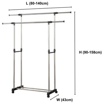 Preview: Adjustable mobile coat stand with double clothes rail (chrome/black): Rollable coat rack for flexible & space-saving storage