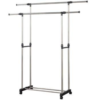 Preview: Adjustable mobile coat stand with double clothes rail (chrome/black): Rollable coat rack for flexible & space-saving storage