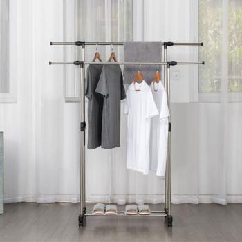Preview: Adjustable mobile coat stand with double clothes rail (chrome/black): Rollable coat rack for flexible & space-saving storage