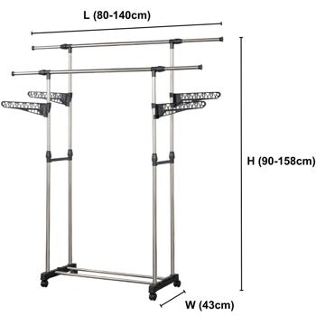 Preview: Practical mobile clothes rack with double clothes rail, side hanging wings & castors - height-adjustable, stable & space-saving