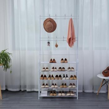 Preview: Portemanteau - Étagère à chaussures multifonctionnel métal blanc noble 170x60cm - 8 crochets robustes - Montage facile - Design moderne
