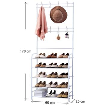 Preview: Portemanteau - Étagère à chaussures multifonctionnel métal blanc noble 170x60cm - 8 crochets robustes - Montage facile - Design moderne