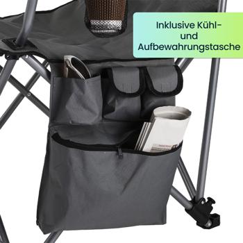 Preview: Luxus Campingstuhl (anthrazit) - Kopf- & Fussstütze, Kühl- & Aufbewahrungstasche - Maximaler Komfort für Camping & Garten