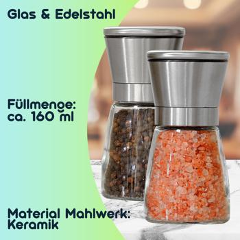 Preview: Salz-/Pfeffermühle: Glas & Edelstahl, Keramik-Mahlwerk - 160ml, Ø 13,2cm - Mahlgrad stufenlos einstellbar - für maximales Aroma