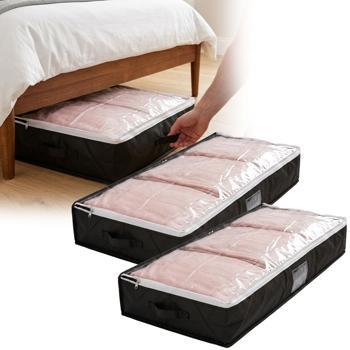 Set of 2 underbed storage boxes with viewing window & handle – extra storage for bed linen & clothing – 100x45x16 cm black – protection against moths & dust