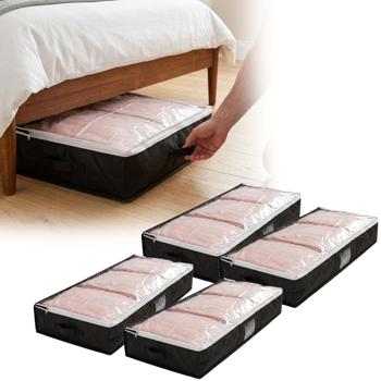 Set of 4 underbed storage boxes with viewing window & handle – extra storage for bed linen & clothing – 100 x 45 x 16 cm black – protection against moths & dust