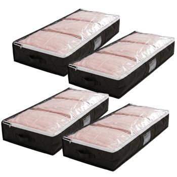 Preview: Set of 4 underbed storage boxes with viewing window & handle – extra storage for bed linen & clothing – 100 x 45 x 16 cm black – protection against moths & dust