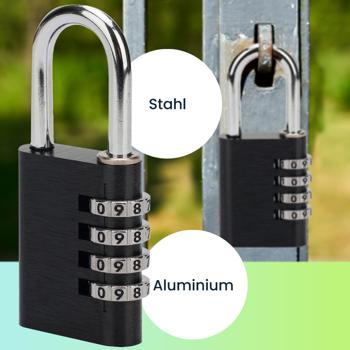 Preview: 2er Spar Set Zahlenschloss - Vorhängeschloss aus Aluminium, Bügel aus Stahl, 4-stellig, schwarz, robust und sicher, ideal für Koffer, Spind, Keller, Schuppen, Schule