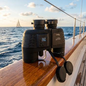 Premium marine binoculars w. OLED display, waterproof IPX 7, 131 m field of view, distance and size calculation, 360° digital compass