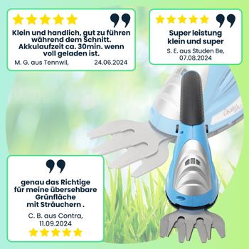 Preview: Akku Gras- und Strauchschere, 1100 U/m, wechselbares Gras- und Strauchschnittblatt, Ladestandanzeige, ergonomischer Griff, Sicherheits-Schalter