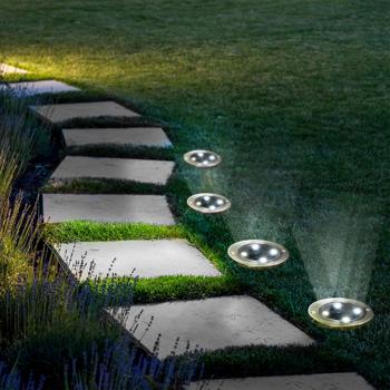 Preview: 8er-Set Solar Bodenleuchte Edelstahl - für Gartenweg & Terrasse - 8h Leuchtdauer, Auto-Sensor, Ein/Aus-Schalter, 4x SMD LEDs - Ø 12x13cm