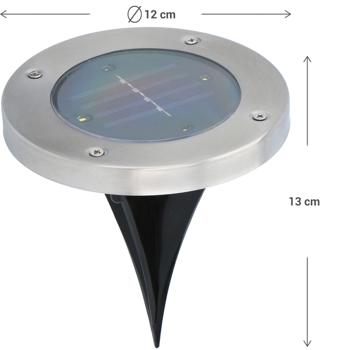 Preview: 12er-Set Solar Bodenleuchte - Edelstahl mit Erdspiess - 4x SMD LED - Bis zu 8h Leuchtdauer - Ø 12x13 cm - Ideal für Gartenweg & Terrasse