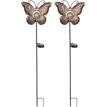 Preview: Set 2 Papillons Solaires - Fiche Jardin LED Blanc Chaud - Verre Craquelé, 102cm - Ambiance Magique Extérieur Balcon Terrasse Solaire