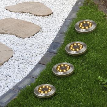 Preview: 8er-Set LED-Bodenleuchte Solar-Wegeleuchte - für Garten & Gehwege - Edelstahl, Ø 12x14 cm - warmweisses Licht, 8 LEDs - wetterfest, Erdspiess