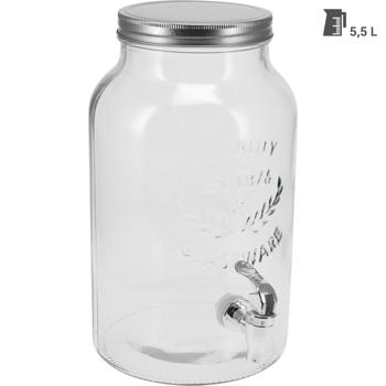 Preview: Distributeur de boissons en verre 5.5L cylindrique - Avec robinet & couvercle, remplissage rapide, usage extérieur, niveau visible - Robuste, inox, transparent, Ø18xH30cm