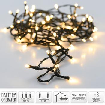 Preview: Guirlande lumineuse LED avec 8 modes d‘éclairage et minuterie, 9 m, fonctionne sur piles, IP44, blanc chaud