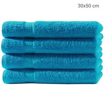 Preview: 4er-Set Gästetücher - luxuriöse 100% Baumwolle, 30x50 cm, kuschelweich & saugstark - türkis mit 2 Bordüren, OEKO-TEX Standard 100, maschinenwaschbar