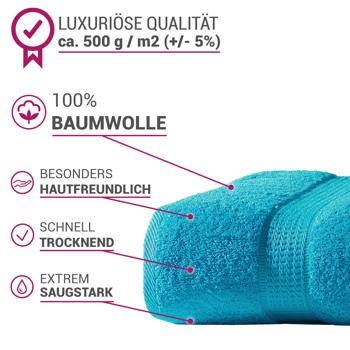Preview: Drap de bain Turquoise - 100x150cm - 100% coton luxueux, moelleux, très absorbant, séchage rapide, 2 bordures tissées - Lavable machine 60°