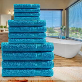 Preview: Handtuchset 12-teilig - 4 Gäste-, 4 Hand- & 4 Badetücher aus 100% Baumwolle, türkis - OEKO-TEX Standard 100, maschinenwaschbar, saugstark