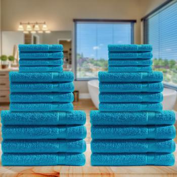 Preview: Set de 24 serviettes de bain - 8 invités 8 mains 8 douches - 100% coton turquoise doux absorbant 500 g/m² - Lavable 60°C