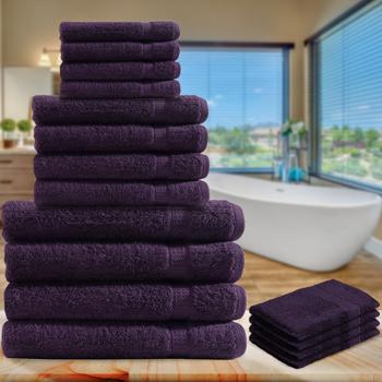 Preview: 16-tlg. Frottee Handtuch-Set Aubergine - Flauschig weich, saugstark & strapazierfähig - 4x Gäste-, Hand-, Badetücher, 4x Waschlappen - 100% Baumwolle, 500g/m²