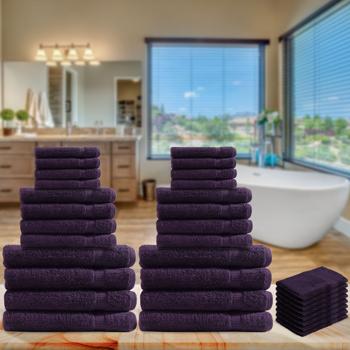 Preview: Set de 32 Serviettes Éponge 100% Coton Aubergine - Doux & Absorbant - 8x Invité, 8x Main, 8x Bain, 8x Gant - Lavable 60°C - 500 g/m²