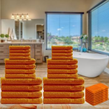 Preview: 32-teiliges Handtuchset Frottee - Kuschelweiche, saugstarke Baumwolle (500g/m²) - 8x Gäste-, Hand-, Dusch-, Waschlappen terra - Elegante Bordüren