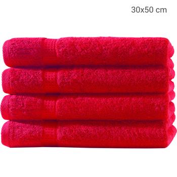 Preview: Lot de 4 Serviettes Invitées Rouge - 100% Coton Luxueux 500 g/m² - Douces, Absorbantes & Séchage Rapide - 30x50cm avec 2 Bordures