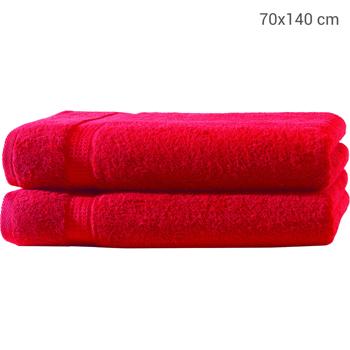 Preview: 2er-Set Luxus Duschtücher 70x140cm Rot - Flauschig & Saugstark - 100% Baumwolle - OEKO-TEX zertifiziert - Mit 2 Bordüren & schnelltrocknend