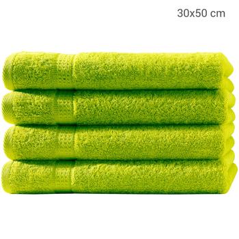Preview: Lot 4 Serviettes Invités Luxe - 100% Coton 500 g/m² - 30x50 cm, Vert Pomme - Douces, Absorbantes, Sèchent Vite, 2 Bordures Tissées