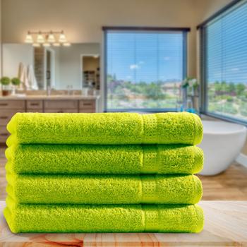 Preview: Lot 4 Serviettes Invités Luxe - 100% Coton 500 g/m² - 30x50 cm, Vert Pomme - Douces, Absorbantes, Sèchent Vite, 2 Bordures Tissées