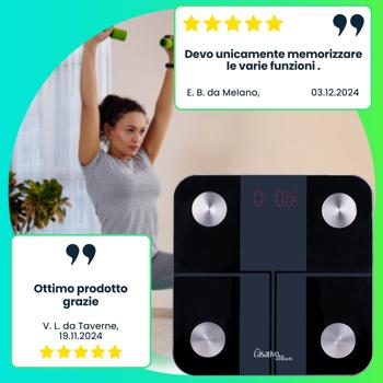 Preview: Bilancia digitale 14in1 per l‘analisi corporea in vetro, Bluetooth e app, max. 180 kg, bilancia pesapersone con ampio display a LED, adatta per Apple Health e Google Fit