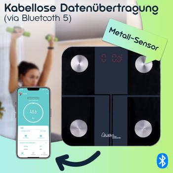 Preview: Digitale 14in1 Körperanalysewaage aus Glas, Bluetooth & App, max. 180 kg, Personenwaage mit grossem LED Display, Apple Health und Google Fit geeignet