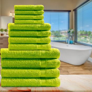 Preview: Handtuchset 12-teilig - 4 Gäste-, 4 Hand- & 4 Badetücher apfelgrün - 100% Baumwolle, 500g/m² luxuriöse Qualität - saugstark & schnell trocknend - OEKO-TEX