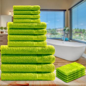Preview: Set 16 Serviettes Éponge 100% Coton Vert Pomme - Douces, Absorbantes, Durable - 4 Serviettes Bain 100x150cm, 4 Mains 50x100cm, 4 Invités 30x50cm, 4 Gants 16x21cm