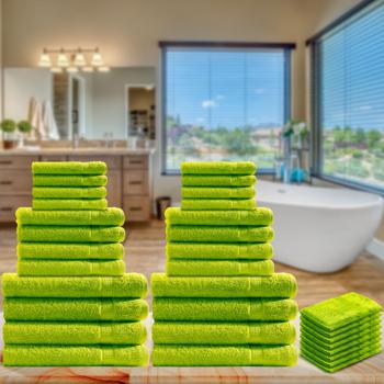 Preview: 32-teiliges Handtuch-Set Frottee apfelgrün - 8 Gäste-, Hand-, Dusch-, Waschlappen - 100% Baumwolle - saugstark, schnelltrocknend, 60°C waschbar, 500g/m² - OEKO-TEX