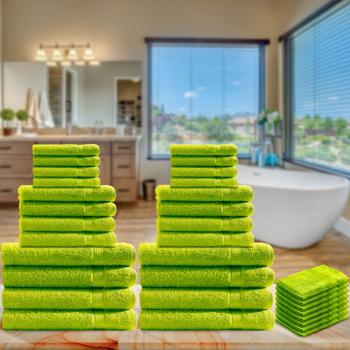 Preview: Set 32 Serviettes Éponge 100% Coton Vert Pomme - Doux, Moelleux, Très Absorbant & Durable - 500g/m² - Lavable Machine 60°