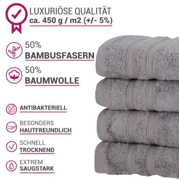 Preview: Lot de 4 serviettes gris - 50% bambou & 50% coton 50x100cm douceur luxe 450g/m² - Hypoallergéniques, absorbantes, séchage rapide, élégance tissée