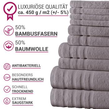 Preview: Set de 12 Serviettes - Bambou & Coton, 450 g/m², Gris - Moelleux, Absorbant, Antibactérien, OEKO-TEX Standard 100