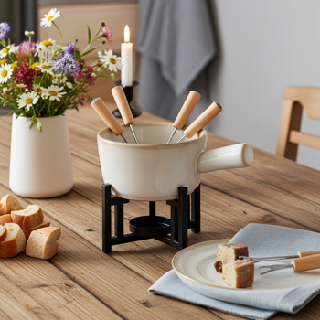 Preview: Set Fondue Porcelaine & Métal - 1 à 2 Personnes - Réchaud Bougie Chauffe-Plat - 2 Fourchettes - 450ml - Beige/Noir