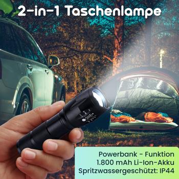Preview: 2er-Set LED-Taschenlampe & Powerbank - Spritzwassergeschützt IP44, 260 lm, 1.800 mAh Li-Ion-Akku - Outdoor, Notfall & Home Workout Preview: 2er-Set LED-Taschenlampe & Powerbank - Spritzwassergeschützt IP44, 260 lm, 1.800 mAh Li-Ion-Akku - Outdoor, Notfall & Home Workout