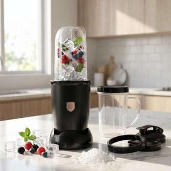 Preview: Stylischer Multifunktionsmixer schwarz-rosegold (400W) - Einfache One-Touch-Bedienung, Eis-Crusher - Ideal für Smoothies, Shakes, Suppen & mehr