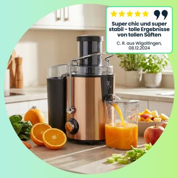 Preview: Kraftvoller Entsafter für Obst & Gemüse, 500W, großem Fruchtfleischbehälter & 600 ml Saftbehälter – edles Design in Roségold für frische Säfte