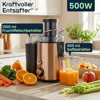 Preview: Kraftvoller Entsafter für Obst & Gemüse, 500W, großem Fruchtfleischbehälter & 600 ml Saftbehälter – edles Design in Roségold für frische Säfte