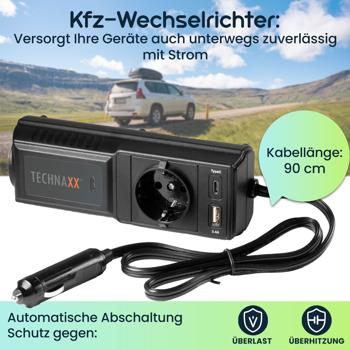 Preview: Leistungsstarker Kfz-Wechselrichter 12V auf 230V mit Steckdose & 2 USB-Ports, ideal für Auto, Camping & Reisen, zuverlässige Stromversorgung