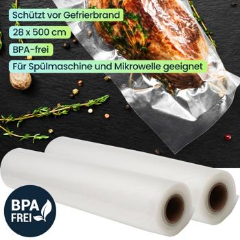 Preview: 2 Profi Vakuumier-Folienschläuche, 28 x 500 cm, Profi Qualität, für Balken-Vakuumierer u. Vakuumier Schweissgeräte, BPA-frei, perfekt auch als Sous Vide Beutel