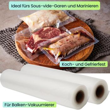 Preview: 2 Profi Vakuumier-Folienschläuche, 28 x 500 cm, Profi Qualität, für Balken-Vakuumierer u. Vakuumier Schweissgeräte, BPA-frei, perfekt auch als Sous Vide Beutel