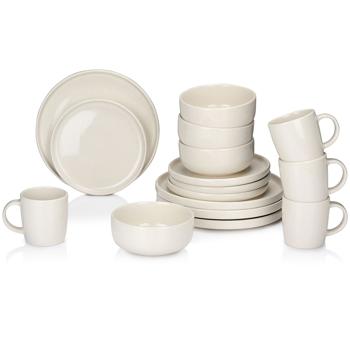 Preview: Geschirr-Set Steingut 16-teilig creme - Mikrowellen-/Spülmaschinengeeignet - 4x Speiseteller Ø 26.5 cm - 4x Schüsseln Ø 15 cm - 4x Frühstücksteller Ø 20 cm - 4x Tassen 350 ml