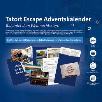Preview: Calendrier de l‘Avent Tatort Escape - Enquête policière 24 jours, Mort sous le Poinsettia, 1-4 joueurs, Dès 14 ans, Mani Beckmann - Produit en allemand Preview: Calendrier de l‘Avent Tatort Escape - Enquête policière 24 jours, Mort sous le Poinsettia, 1-4 joueurs, Dès 14 ans, Mani Beckmann - Produit en allemand